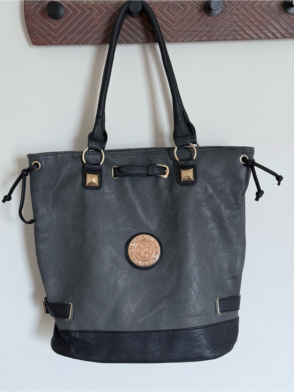 Dark Grey Black Two Tone Faux Leather Buckle Tote Bag Purse